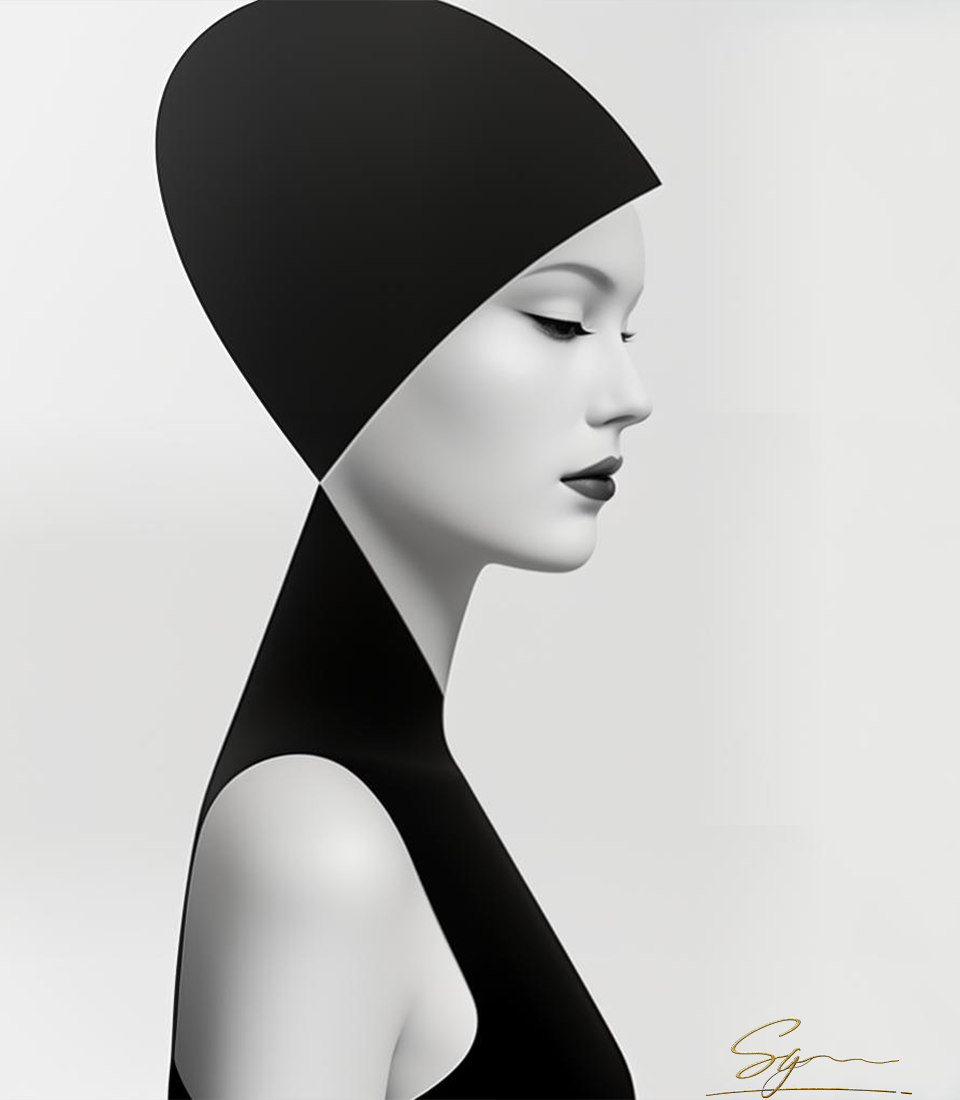 Ivory Eclipse – (fourth image) minimalist side profile, pure and elegant, shadow as second skin.