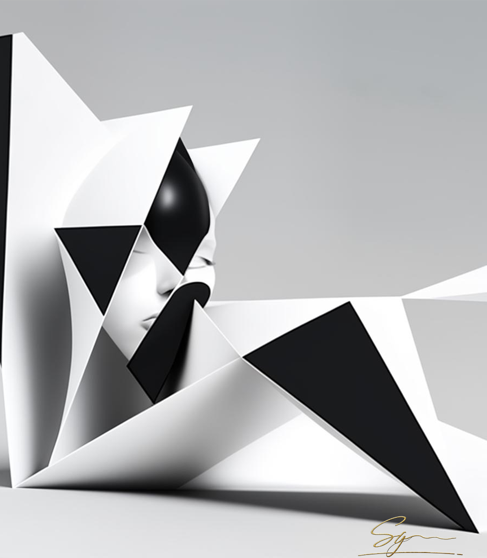 Silent Geometry – fragmented planes enveloping the face — identity dissolved into design