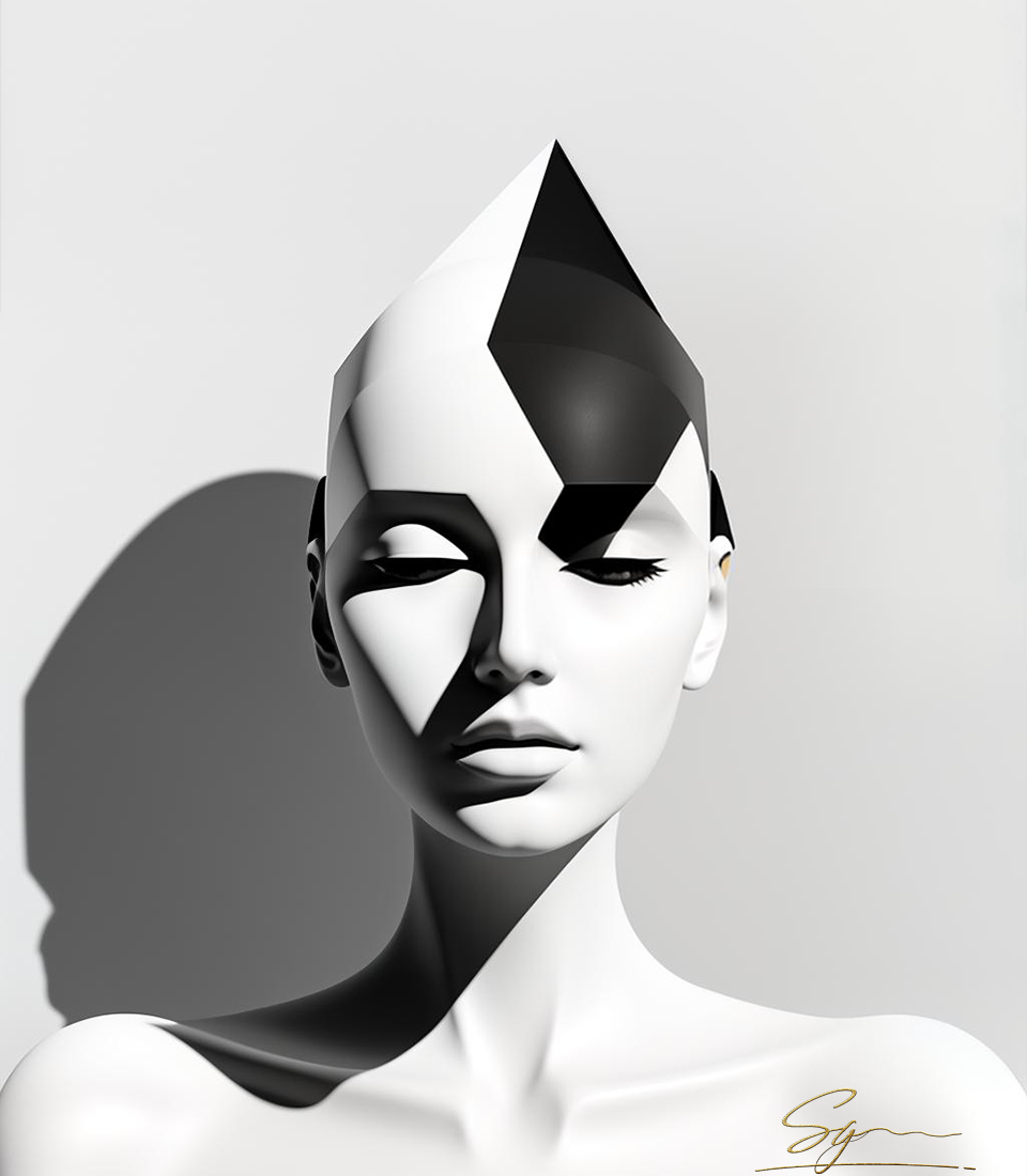 Fractured Grace – angular crown-like shape breaking into the forehead — sharp yet serene.