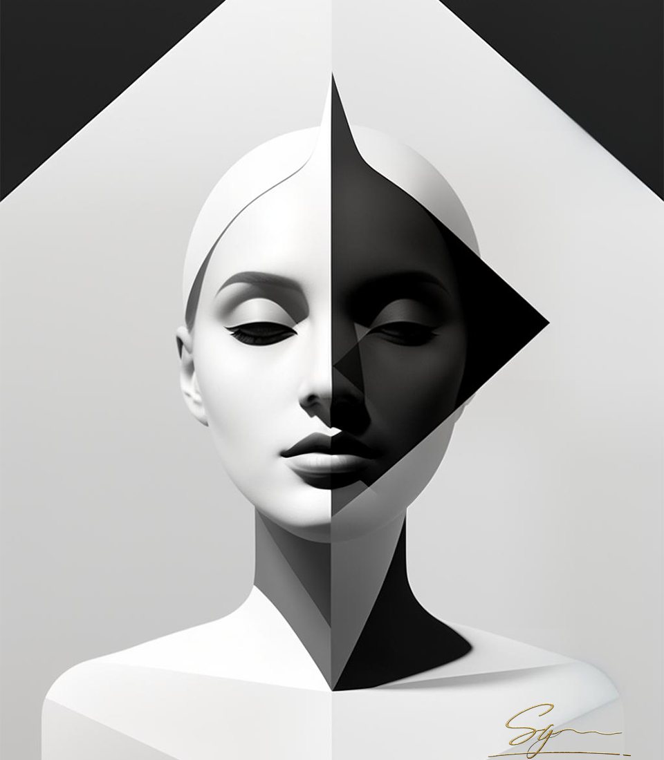 Obsidian Veil – half-shadowed face with diamond cut — a mask of geometry and mystery.